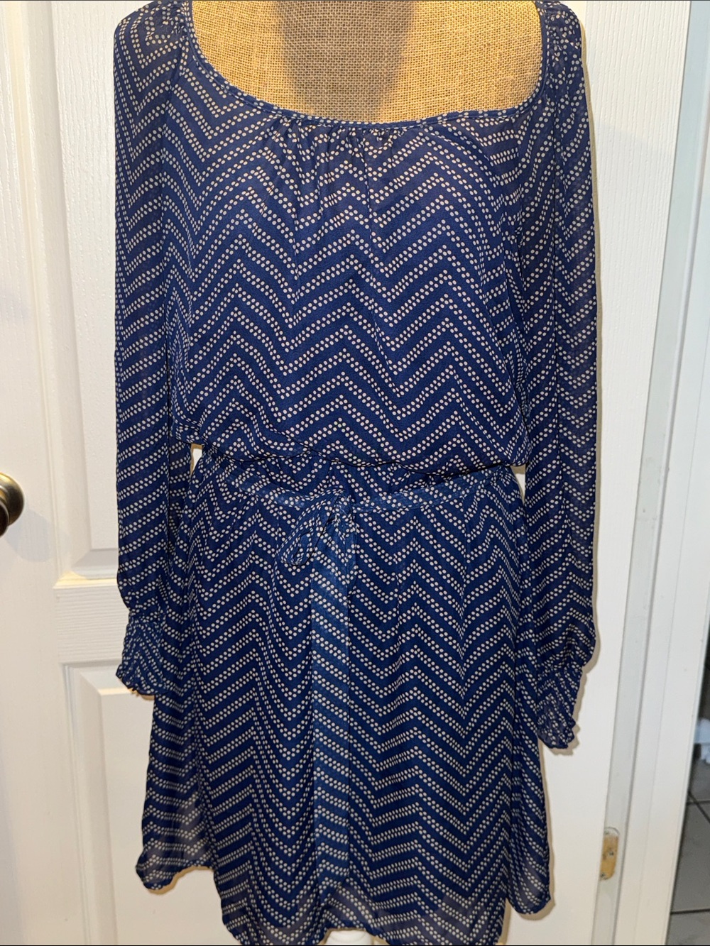 BONGO Navy and White Chevron Dot Long-Sleeve Dress